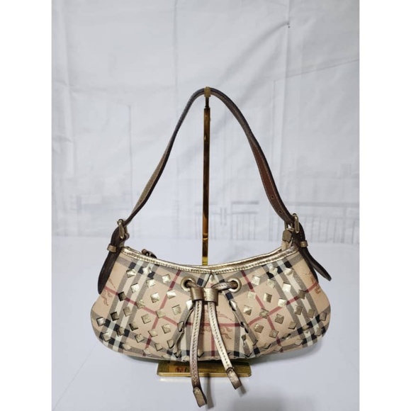 Authentic Burberry PVC and Haymarket Check Cutout Drawstring Pochette Beige/Gold - Picture 1 of 14